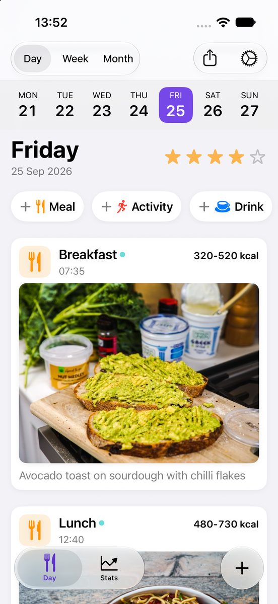 The MealSnap Day screen for Friday 25 September: a four-star day rating, quick-add pills for Meal, Activity and Drink, and a breakfast card with a photo of avocado toast on sourdough and an estimate of 320 to 520 kcal.