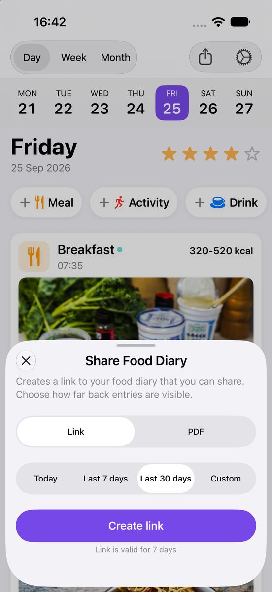 The MealSnap Share Food Diary sheet: Link or PDF, a choice of Today, Last 7 days, Last 30 days or Custom, and a Create link button. The link is valid for 7 days.